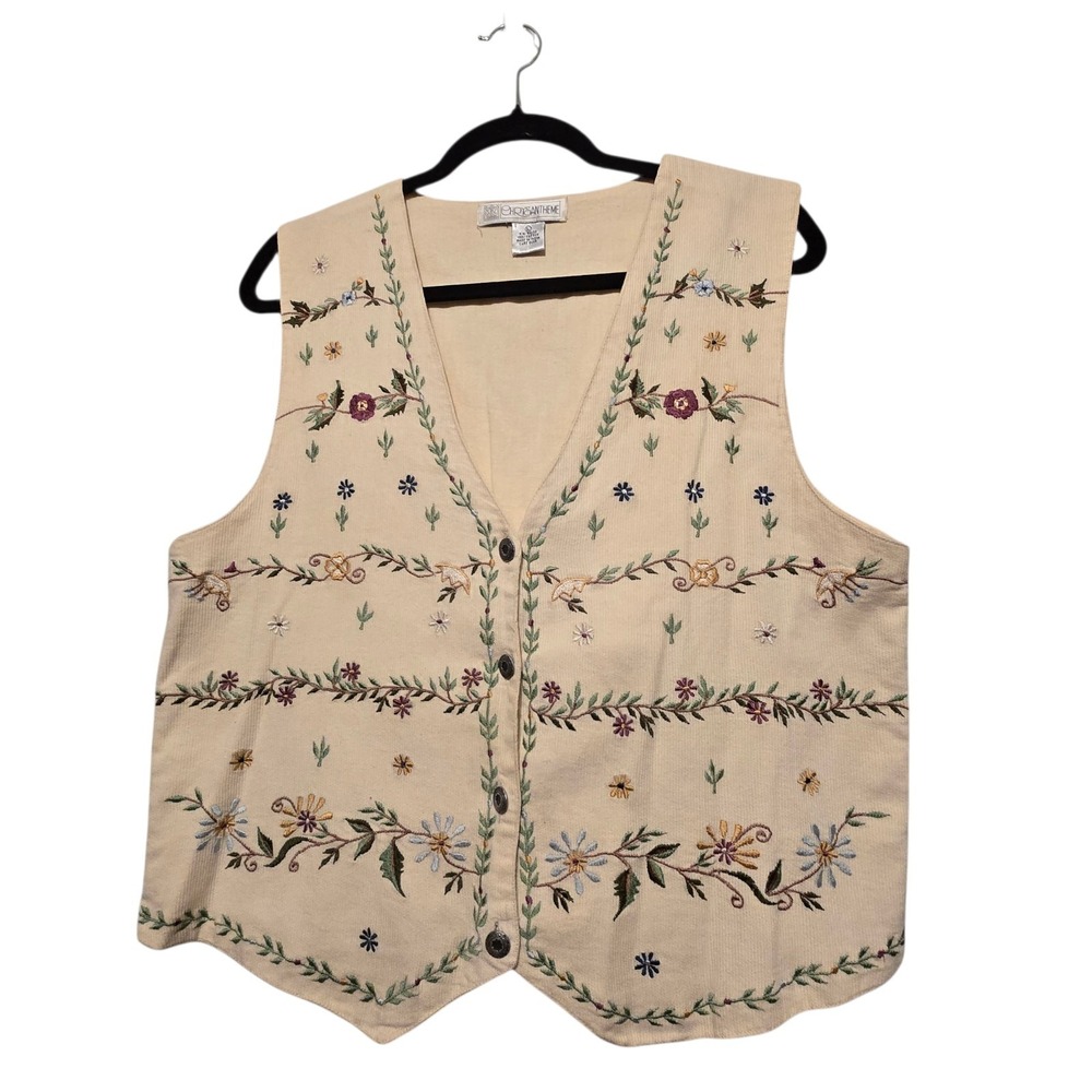 Vtg 90s Y2K Floral Embroidered Corduroy Vest Womens LG Tie Back Cottage Boho